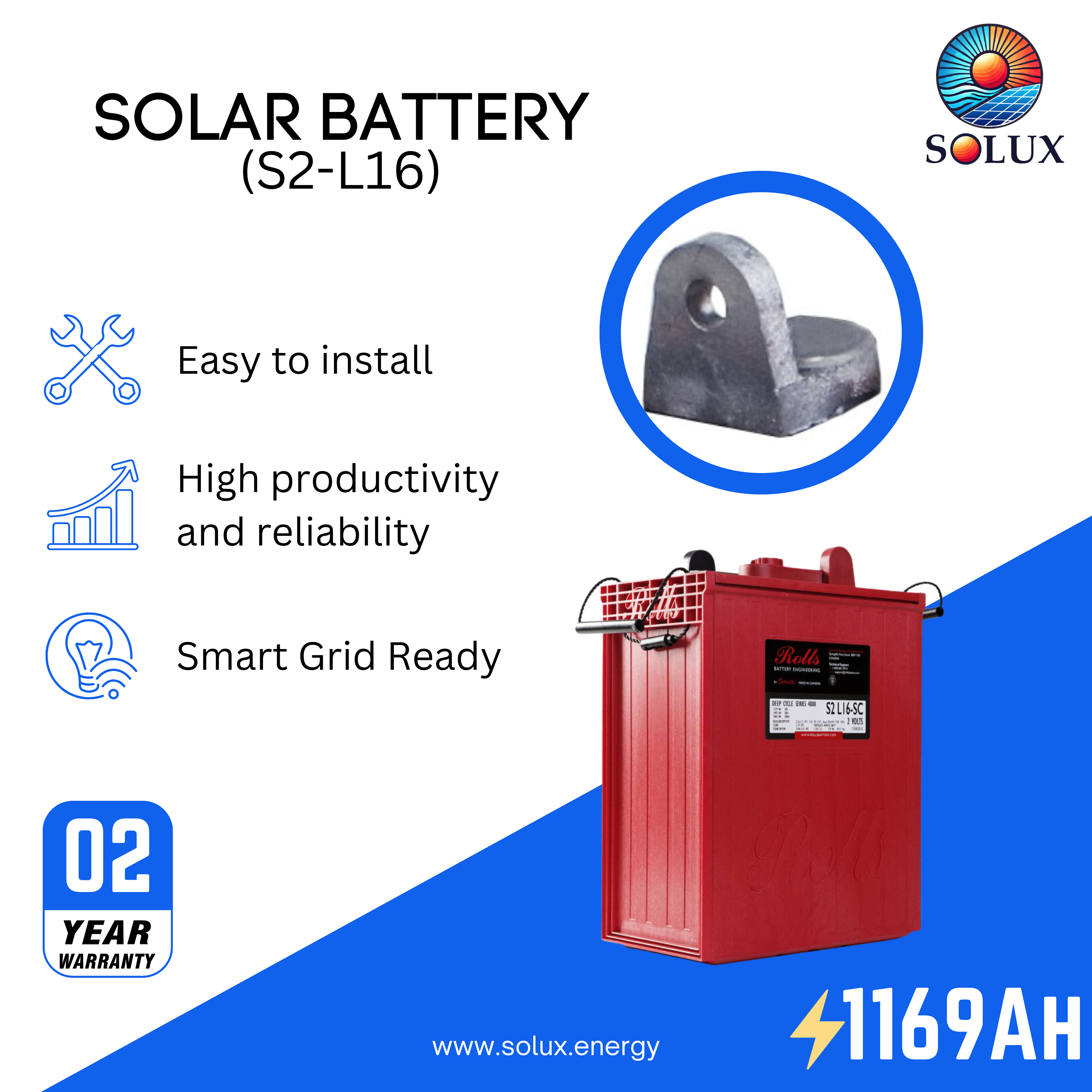 The rolls surrette s2-l16 battery is a reliable and high-performance deep cycle battery, ideal for a variety of applications, including renewable energy systems, RVs, and boats.